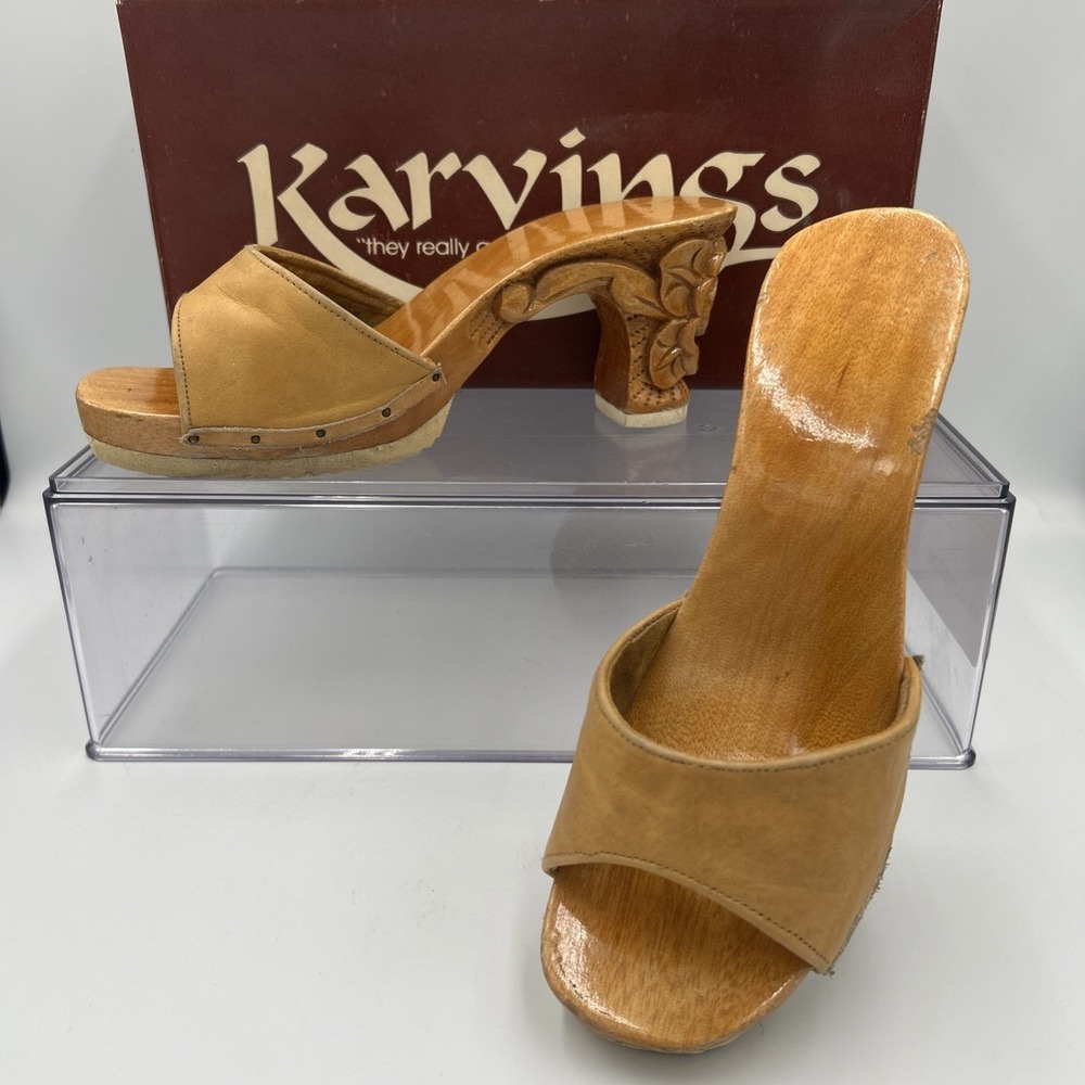 Vtg Wooden‎ Carved Sunflower Heels Mules Sandals Leather Boho Indie Artsy Size 6